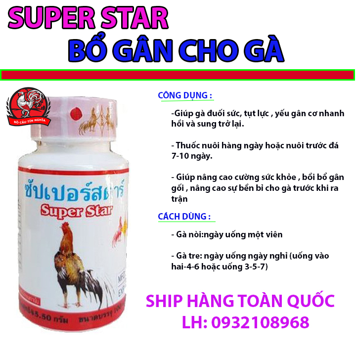 SUPER STAR [lọ 100 viên] Bổ xương gân gối cho gà đá (TẶNG BỊT MỎ)
