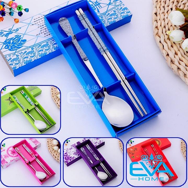 [HCM]Bộ Muỗng Đũa Inox Hoa Văn Kèm Hộp Đựng Sang Trọng
