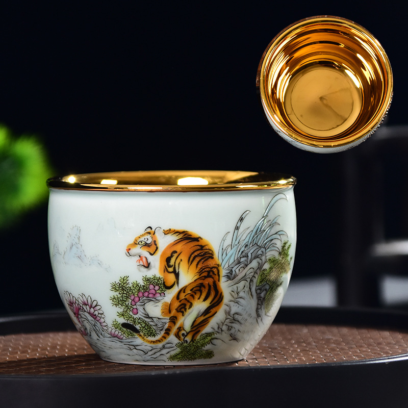 Chén Sứ Cảnh Đức Vẽ Tay Thủ Công lòng chén dát vàng 24K (Sản phẩm cao cấp 150 ml)