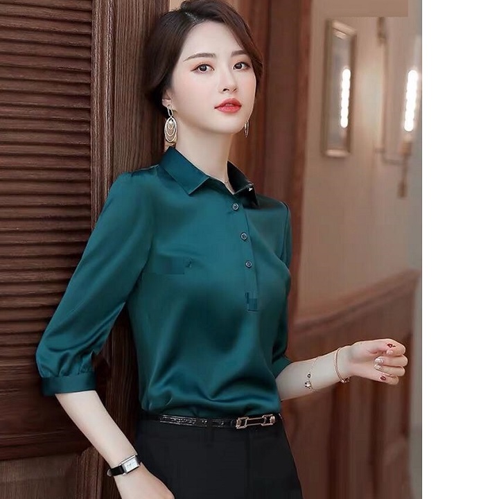 Áo Sơ Mi Nữ Công Sở Tay Lỡ Cài Nút Ngực