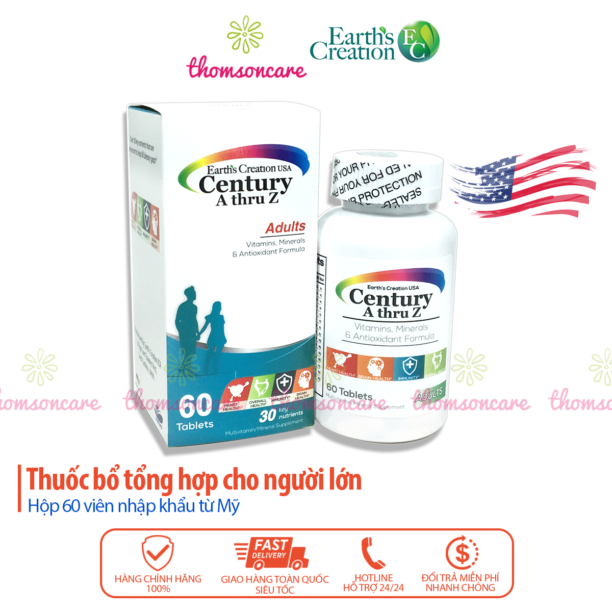 Vitamin tổng hợp cho người lớn, Century A Thru Z,  Hộp 60 viên  tăng sức đề kháng, giảm mệt mỏi gồm vtm A, E, B12