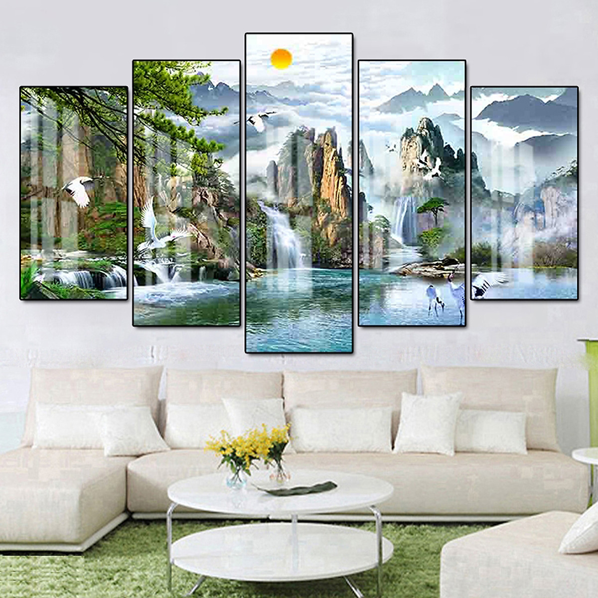 Tranh tráng gương phong cảnh núi rừng treo tường - tranh bộ 5 phong cảnh sơn thủy đẹp