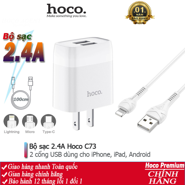 Bộ sạc cáp Hoco C73 dòng 2.4A đầu Lightning, Micro, Type-C, 2 cổng USB, dây dài 1m - Chính hãng