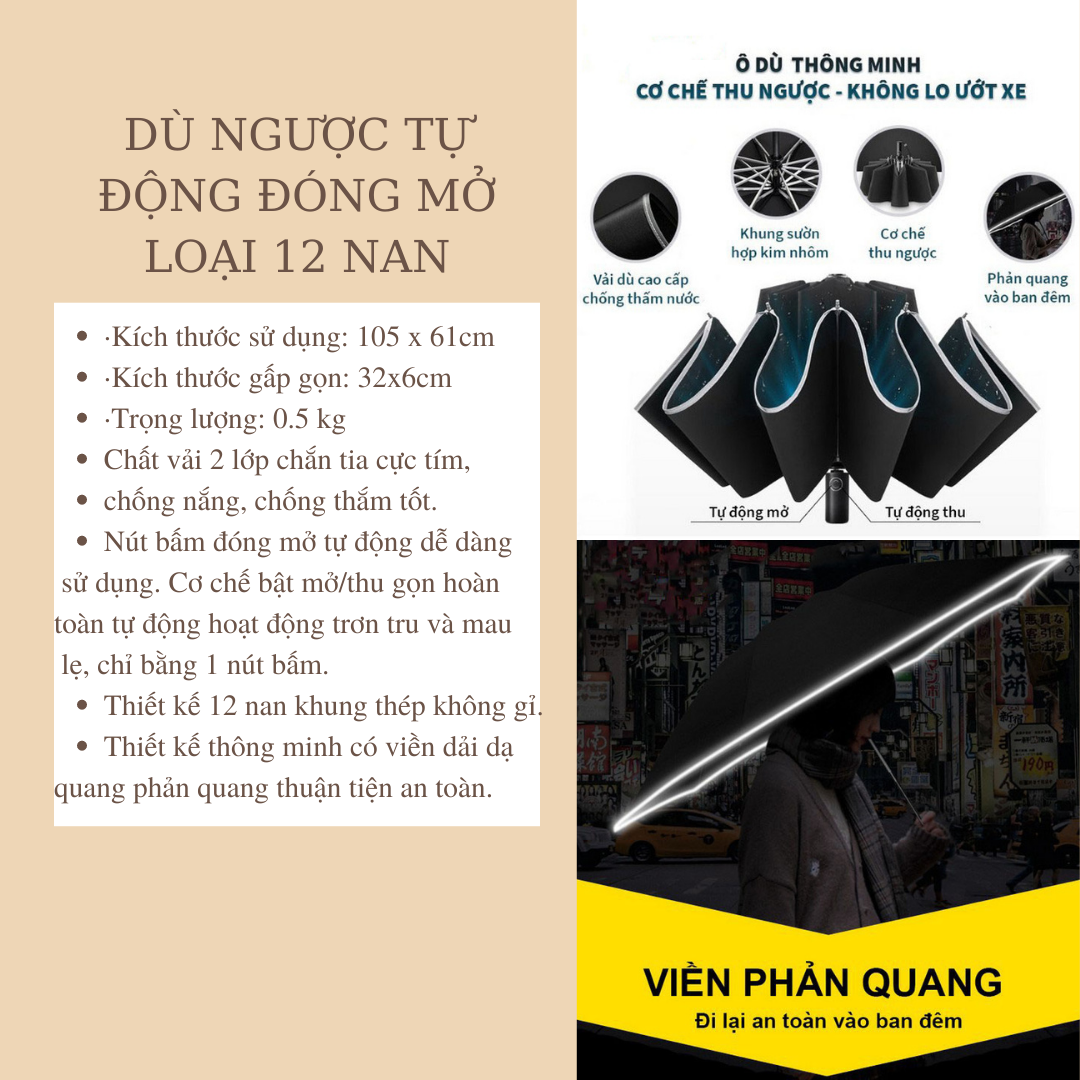 Tổng Hợp Các Loại Dù Ô Tô Gấp Ngược - Dù Tự Động Đóng Mở 2 Chiều
