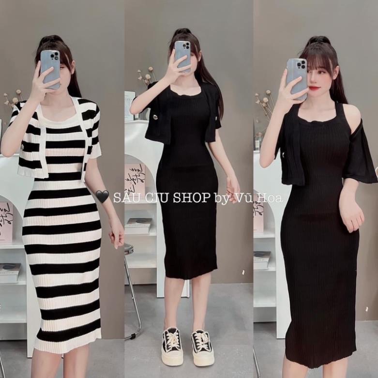 Sét đầm sọc maxi dài kèm áo khoác tay ngắn phối viền lyiepc