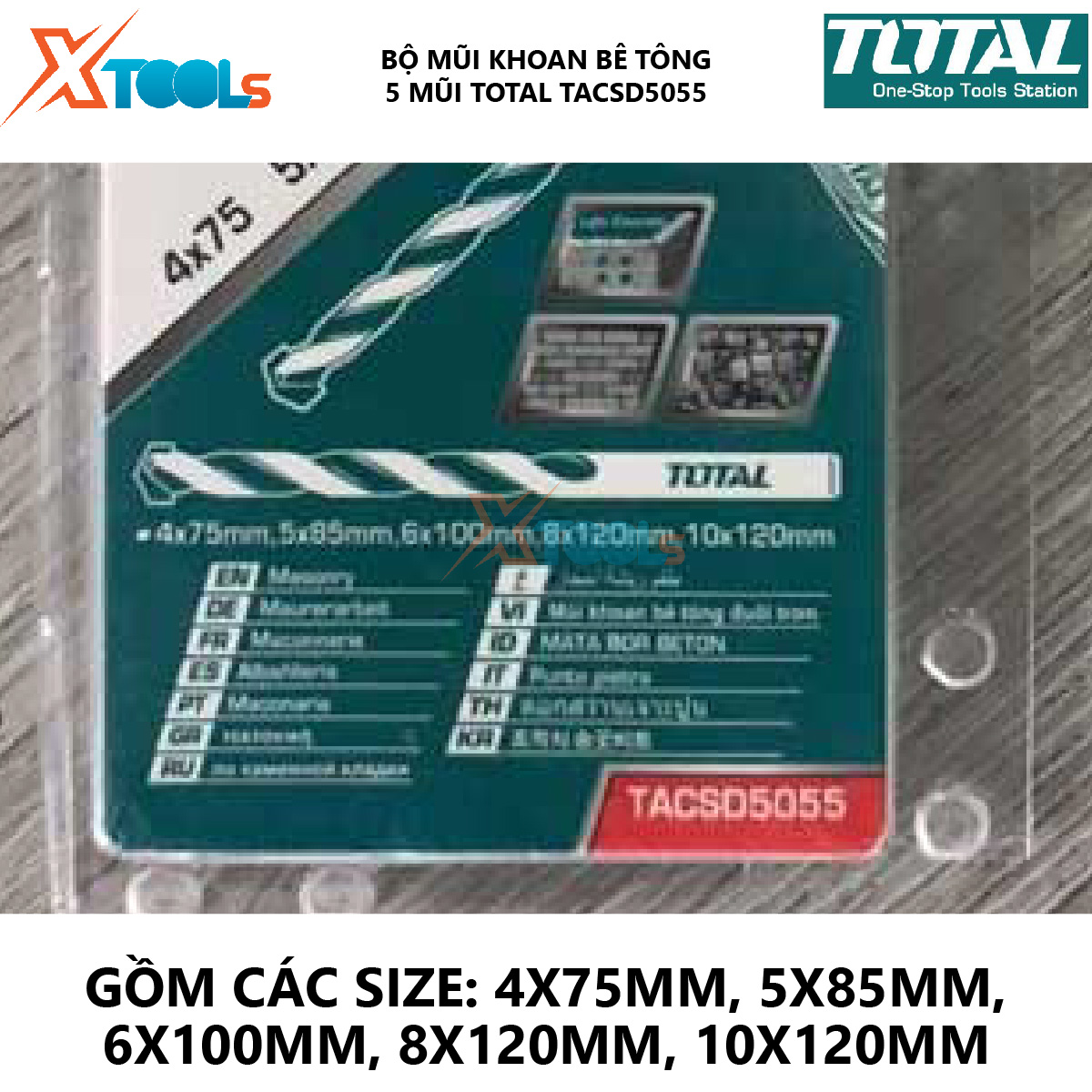 Bộ 5 mũi khoan bê tông TOTAL TACSD5055 combo 5 mũi đục bê tông Gồm 5 kích thước giúp hỗ trợ khoét lỗ trên bề mặt vật liệu như sắt, thép, gỗ, bê tông