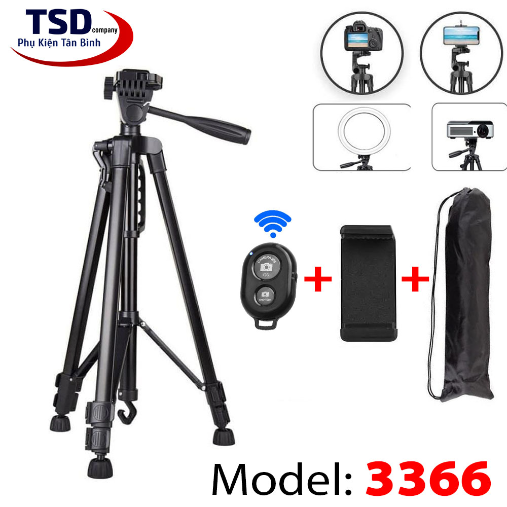 Combo Gậy Tripod 3 Chân 3366 Cho Điện Thoại, Máy Ảnh Tặng Kèm Remote & Kẹp