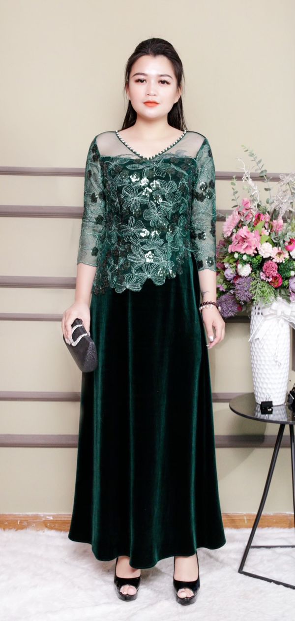 [ XẢ HÀNG GIÁ GỐC ] ĐẦM NHUNG PHỐI REN KIM XA CAO CẤP - CMB11