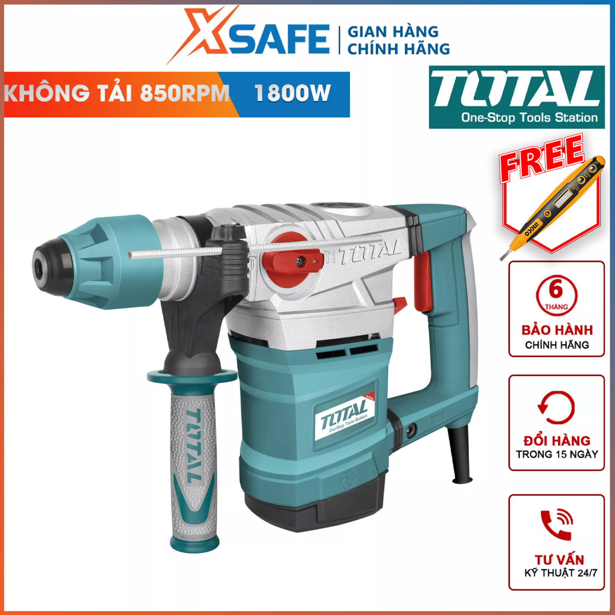 Máy khoan búa cầm tay 1800w total th118366 tốc độ: 850rpm, tốc độ đập 4200bpm, khả năng khoan 36 mm/đục 14mm; kèm theo 3 mũi khoan gài, 2 mũi đục máy khoan đục bê tông