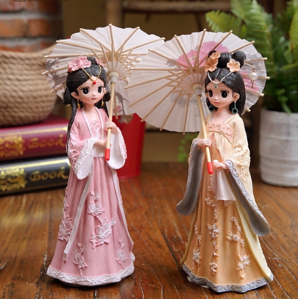 Tượng chibi thiếu nữ cổ trang che ô 3D sinh động 25cm