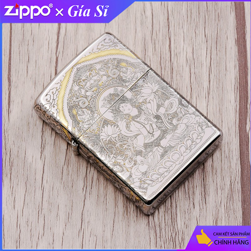 Bât lửa Zippo khắc đức phật toạ đài sen bản mạ Chrome