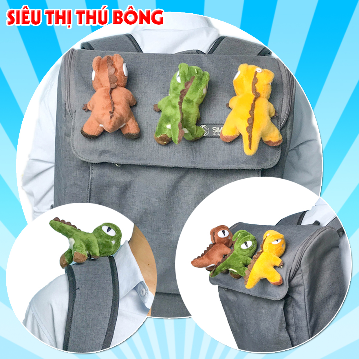 Ghim cài áo, balo khủng long nhồi bông (có kèm kẹp)