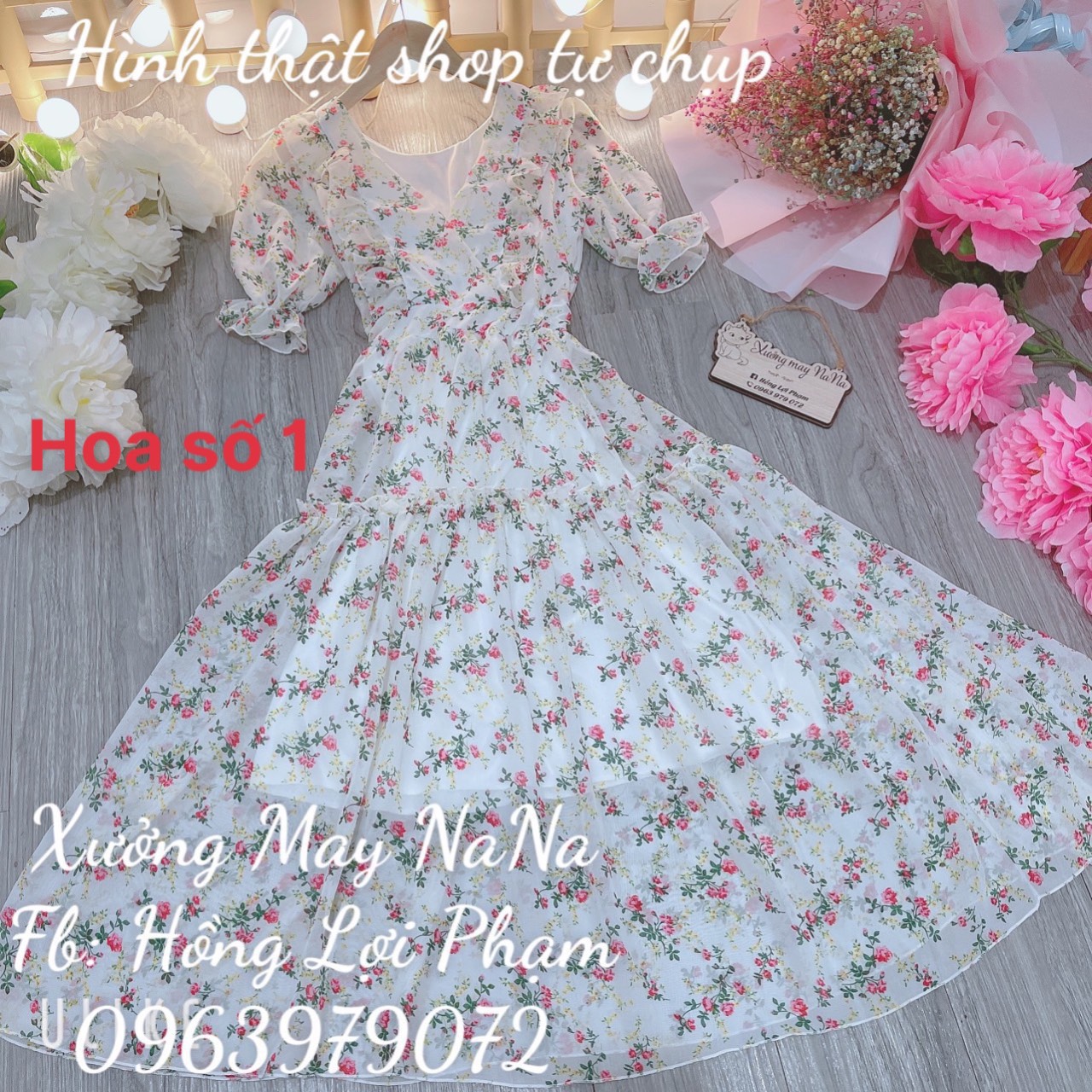 Đầm đắp chéo cổ v hoa nhí dễ thương