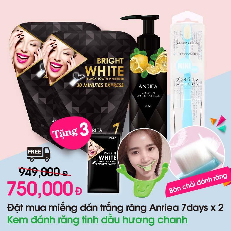 COMBO [LIỆU TRÌNH 14 NGÀY DÁN TRẲNG RĂNG ANRIEA 3D + KEM ĐÁNH RĂNG CHANH] TẶNG miếng dán lẻ + 1 bàn chải + 1 smile maker