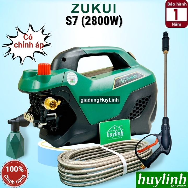 Máy bơm xịt rửa xe chỉnh áp zukui s7 - công suất 2800w - dây cao áp 15 mét - motor cảm ứng từ - hàng chính hãng