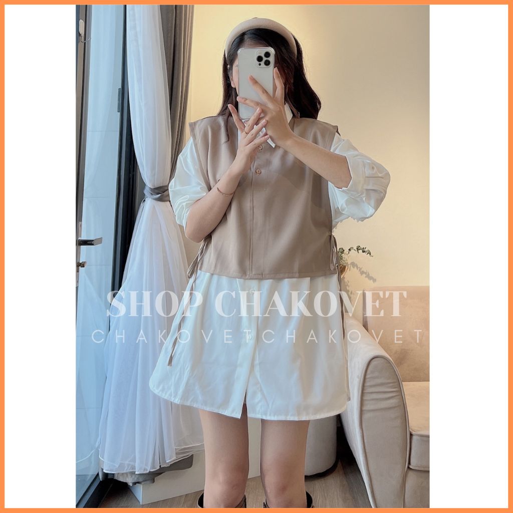 Set áo sơ mi nữ phối gile ulzzang, áo sơ mi trắng mix yếm gile đen buộc nơ 2 bên hông thời trang thu đông- chakovet s.8507