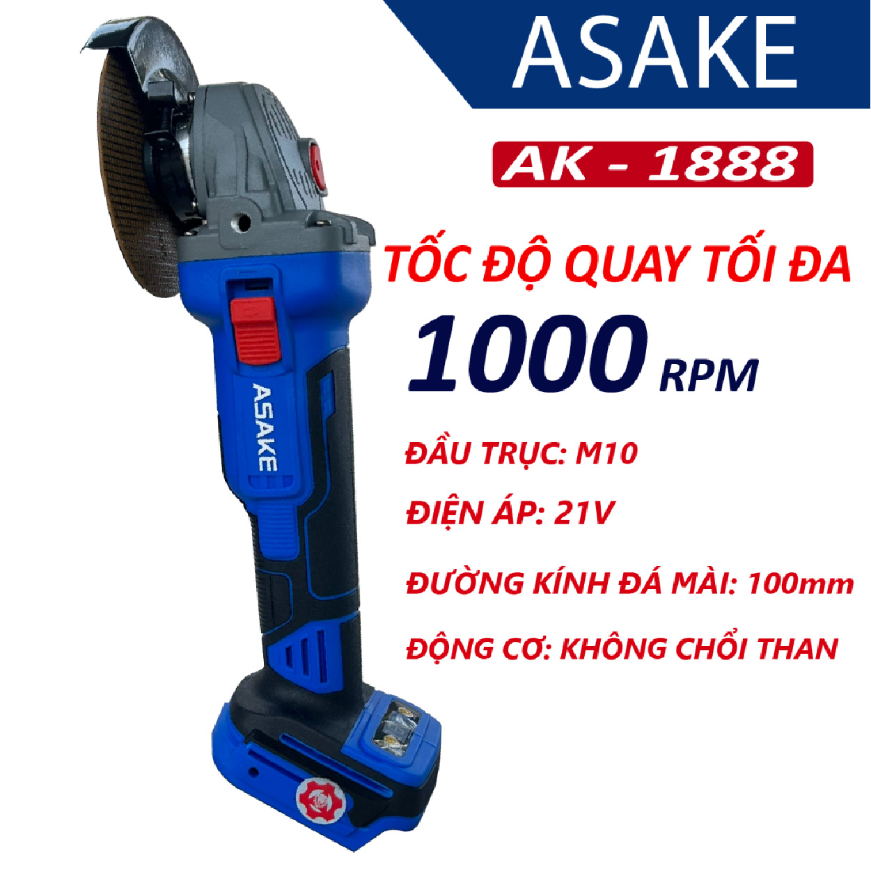 Máy Mài Cắt Pin ASAKE AK - 1888 Không Chổi Than Pin 15 Cell Chân Phổ Thông