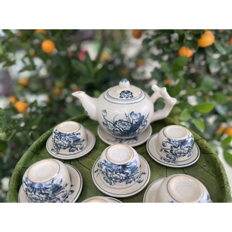 Bộ ấm trà, men rạn cổ vẽ tay Bát tràng cao cấp