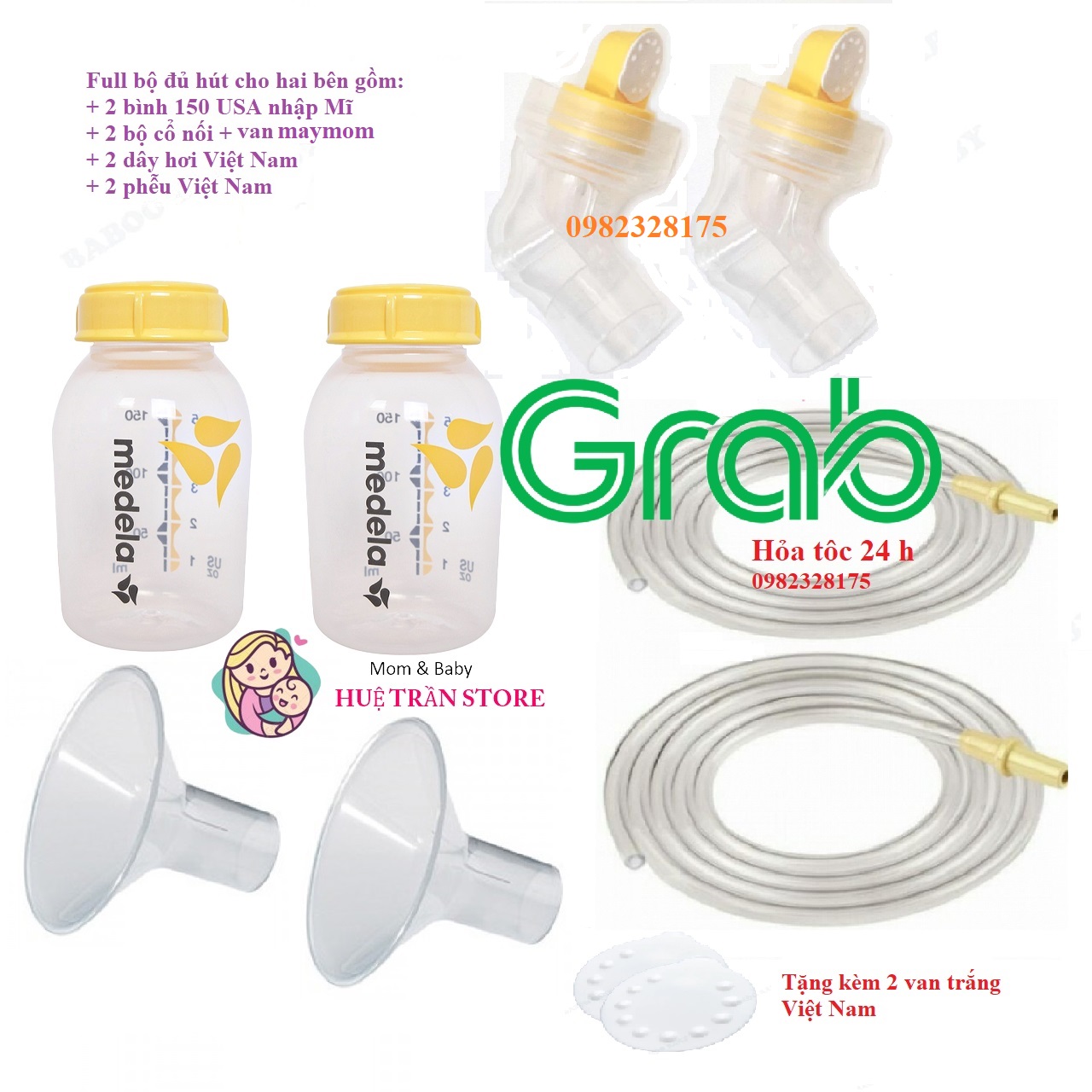 Bộ phụ kiện máy hút sữa đầy đủ dành cho máy hút sữa pumb, spectra, unimom... Đủ size 17mm 19mm 2m 24mm 27mm