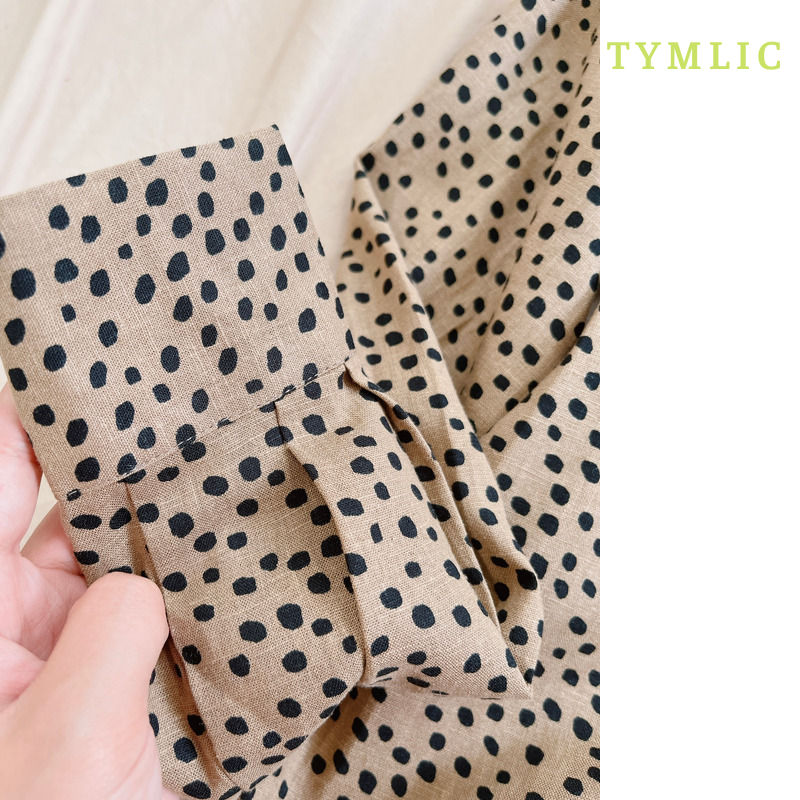 Áo Sơ Mi Tay Dài Chấm Bi Cổ Nơ Linen TYMLIC