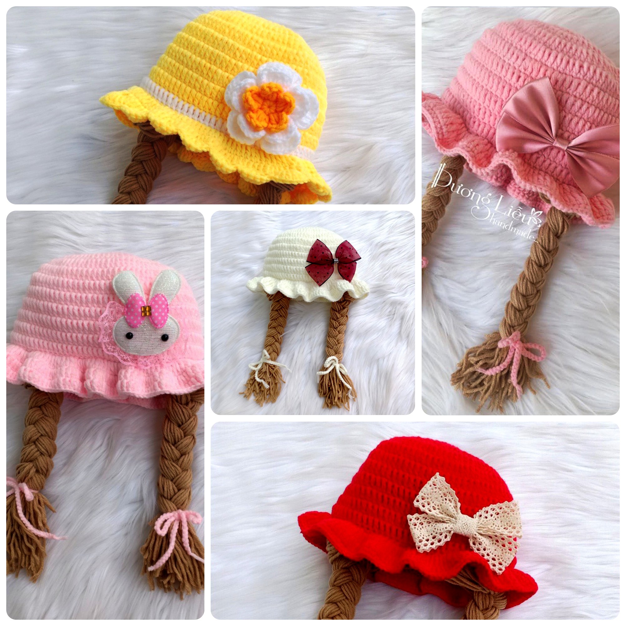 Nón Len Có Hai Bím Tóc Giả Cho Bé (Nón Bím Tóc Handmade)