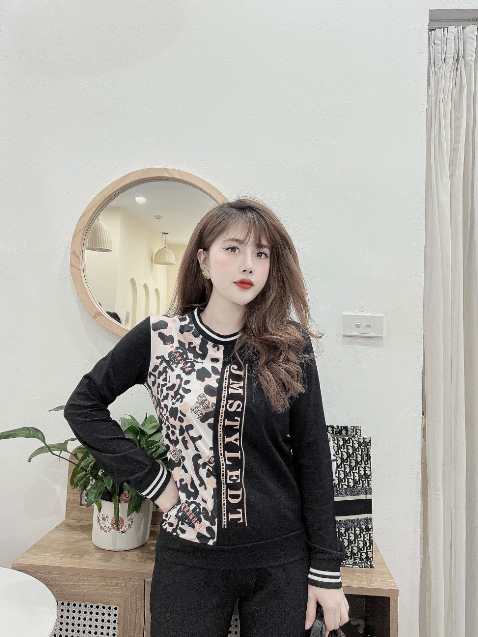 Đồ bộ thun cotton tay dài phối da beo