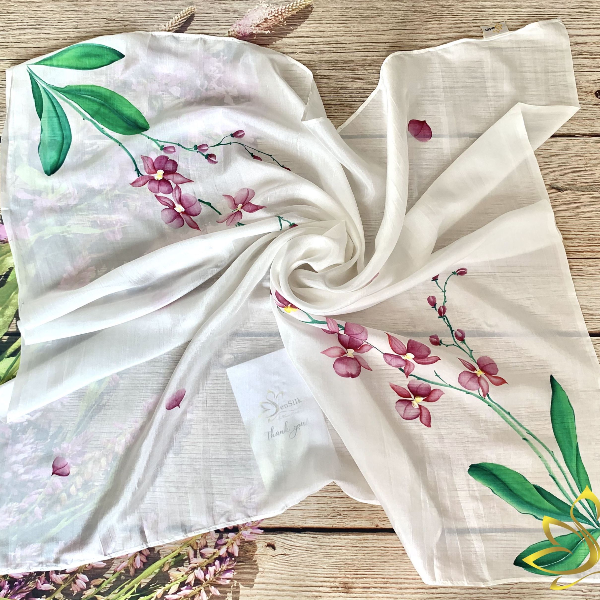 Khăn Lụa Tơ Tằm Vẽ Hoa Lan SenSilk 90x90cm, Khăn Lụa Vuông, Lụa Tơ Tằm Vẽ Tay, Khăn Lụa Mỏng, Tơ Lụa Nha Xá, Vietnam Silk Embroidery Scarf