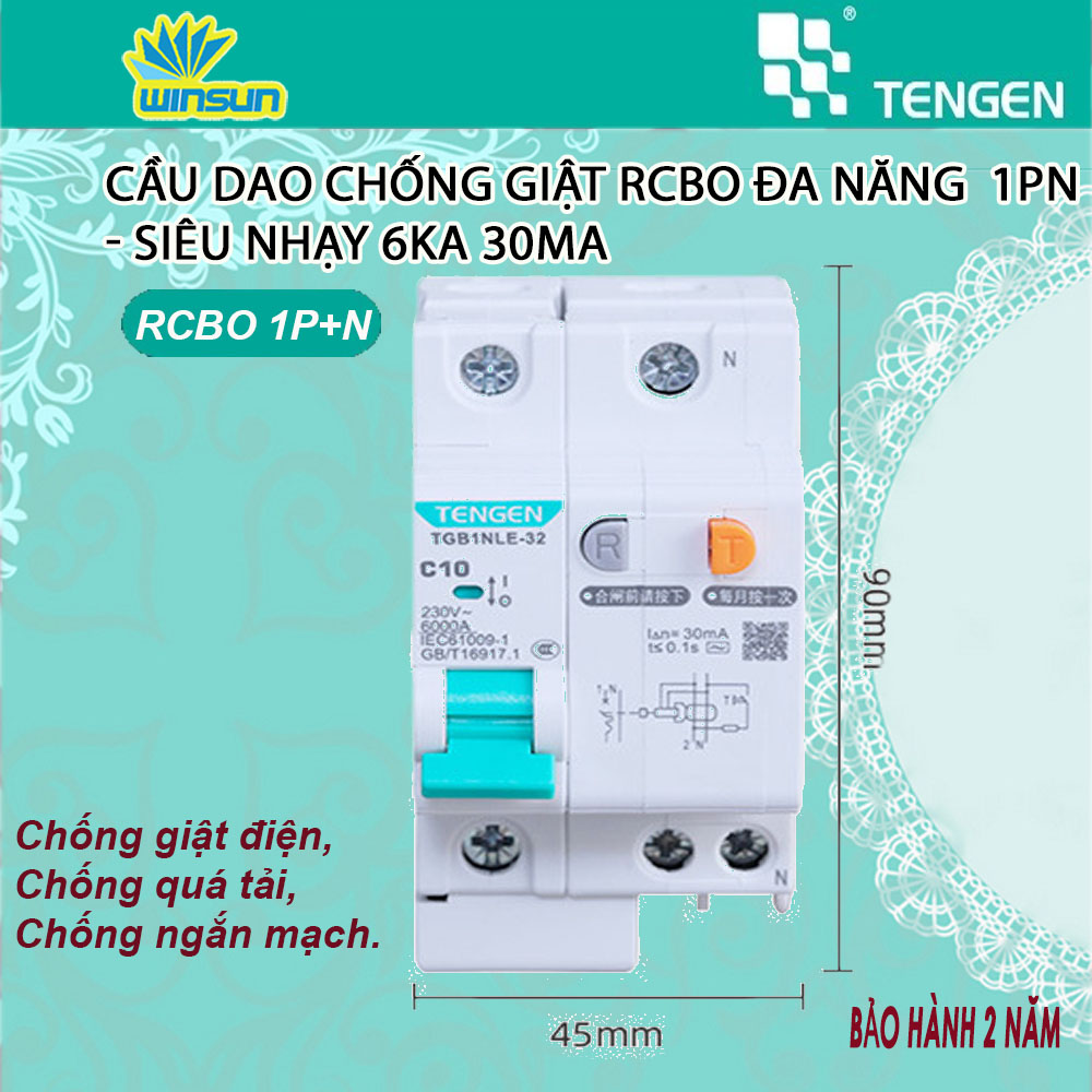 Cầu dao chống giật rcbo đa năng - siêu nhạy 6ka 30ma tengen