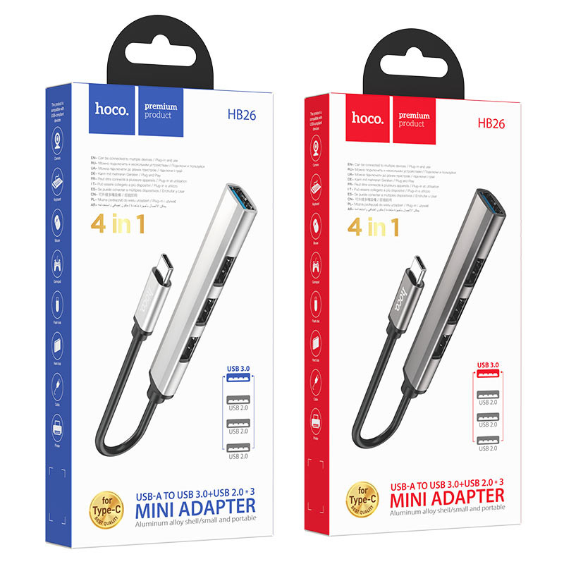 Hub chia cổng usb hoco hb26 type-c / usb ra 1 cổng usb 3.0 + 3 cổng usb 2.0 chính hãng