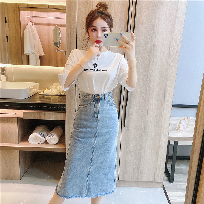 [40kg~90kg] CHÂN VÁY JEAN BÚT CHÌ BIG SIZE XANH NHẠT DÀI DƯỚI GỐI 3171 MoliJeans - MoliJeans