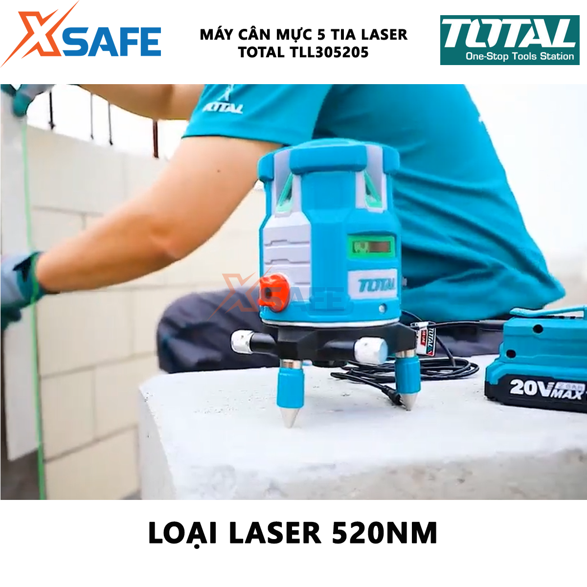 Máy cân bằng laser 5 tia màu xanh TOTAL TLL305205 | máy đo mức cân bằng 5 tia laser phạm vi làm việc 0 ~ 20 m 1 tia ngang, 4 tia dọc loại Laser 520nm quét ngang, dọc một đồ vật hoặc khu vực thi công đo đạc nhanh c