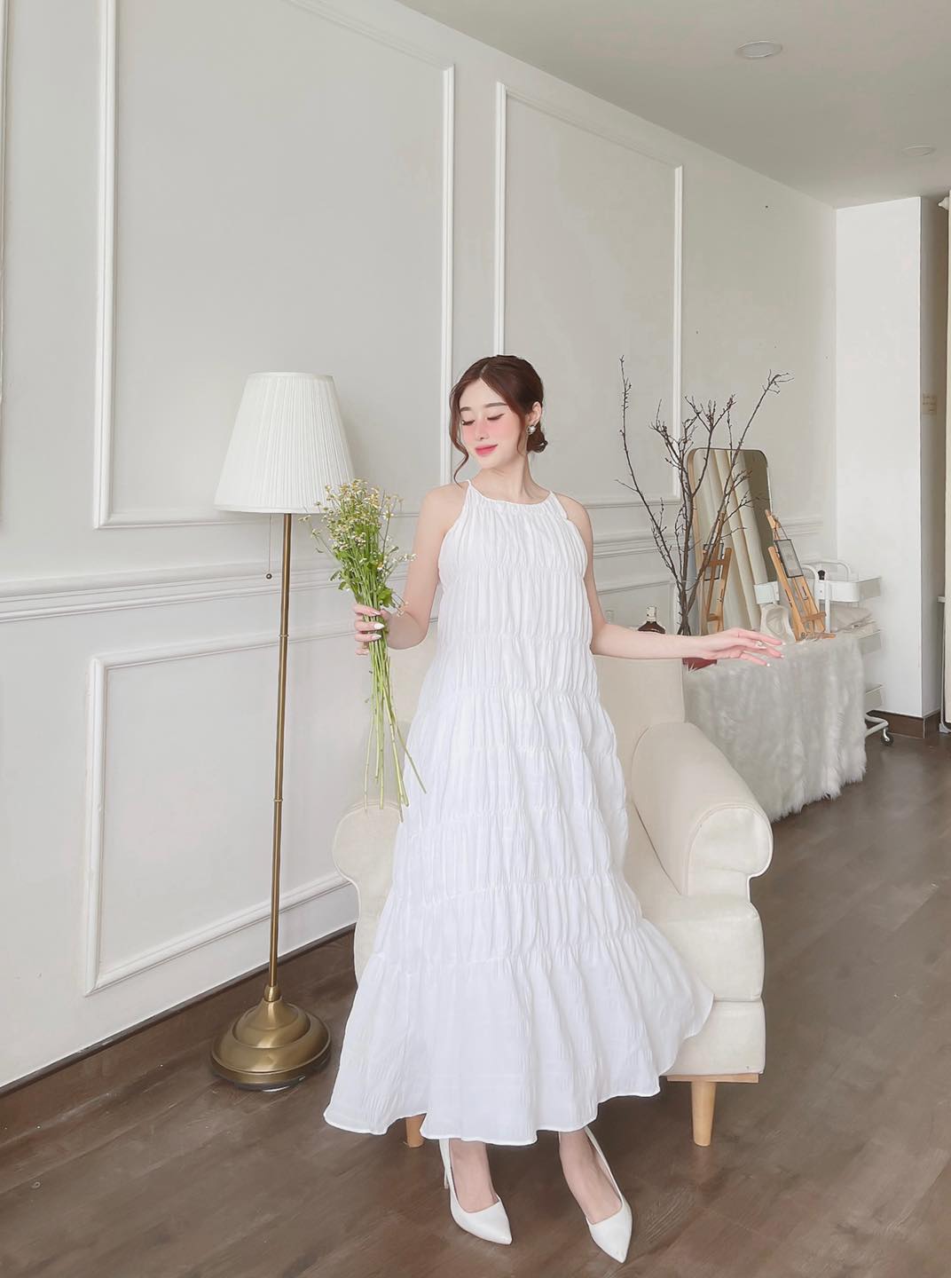 [Ảnh thật] Đầm maxi 2 dây cổ yếm nhún tầng