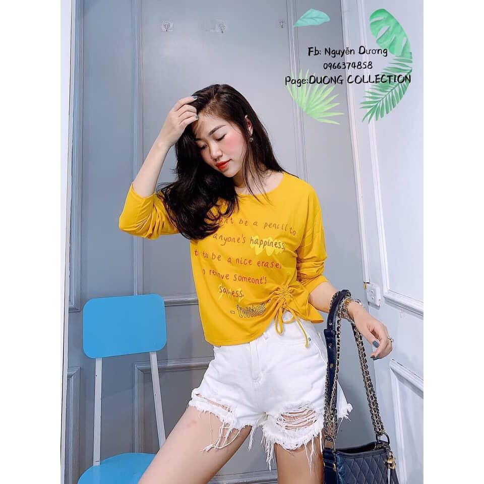 Áo thun lụa in chữ trước rút 1 bên eo cá tính TTKX0260