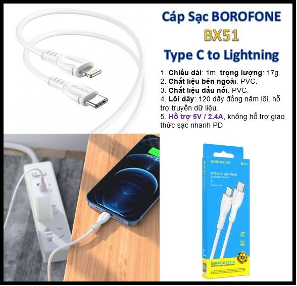 Cáp Sạc Borofone BX51 Type C to Lightning