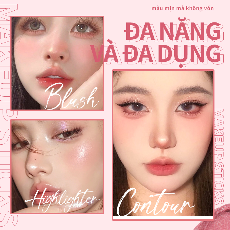 KIMUSE Makeup Sticks Monochromatic Multi-use Blush & Highlight & Contour Stick Waterproof Non-greasy Face Makeup 6 Colors