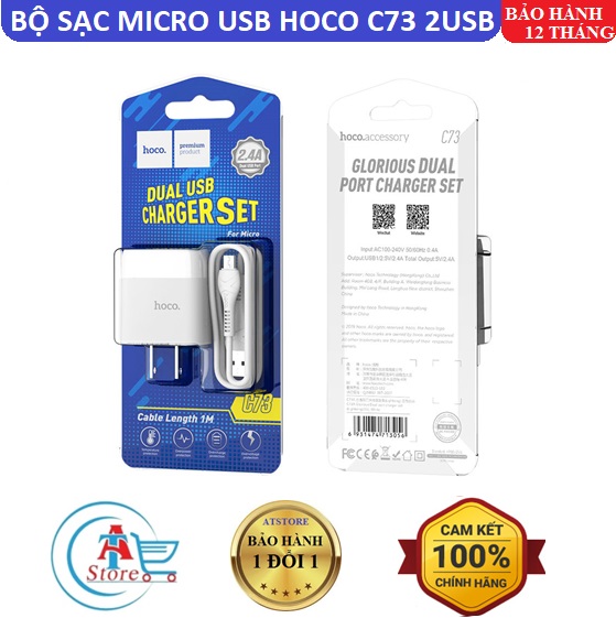 Bộ Sạc Dual USB Hoco C73/C73A  Micro USB 2.4A - Bộ Cốc Cáp Sạc - BH 12 Tháng