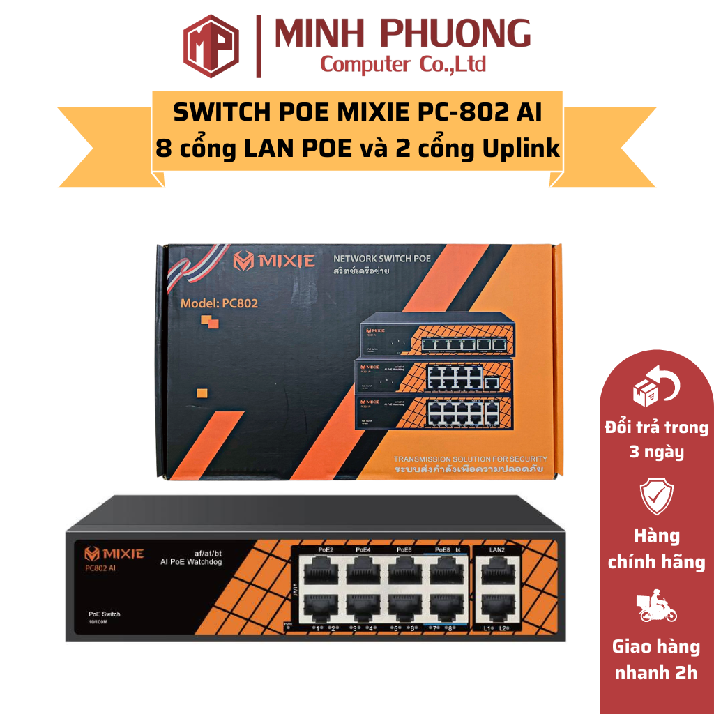 SWITCH POE MIXIE PC-802 AI 8 cổng LAN POE và 2 cổng Uplink
