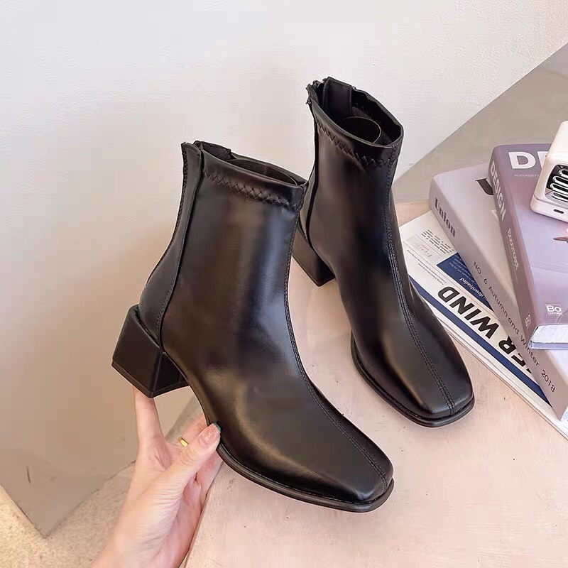 Giày bốt nữ cổ cao gót vuông 5cm cực đẹp, viền chỉ thẳng da siêu mềm