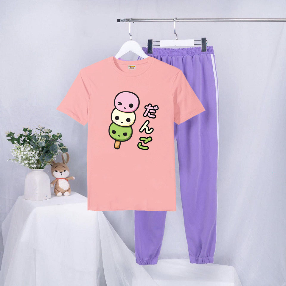 Sét Bộ Đồ Mùa Hè Ulzzang Nữ Xinh Cute Mặc Đi Chơi Dạo Phố, Chất Liệu Áo Cotton Organic Màu Da Ngắn Tay Cổ Tròn In 3D Kem Chữ Nhật Cute Kèm Quần Thun Bo Chun Gấu Hai Rót Phong Cách