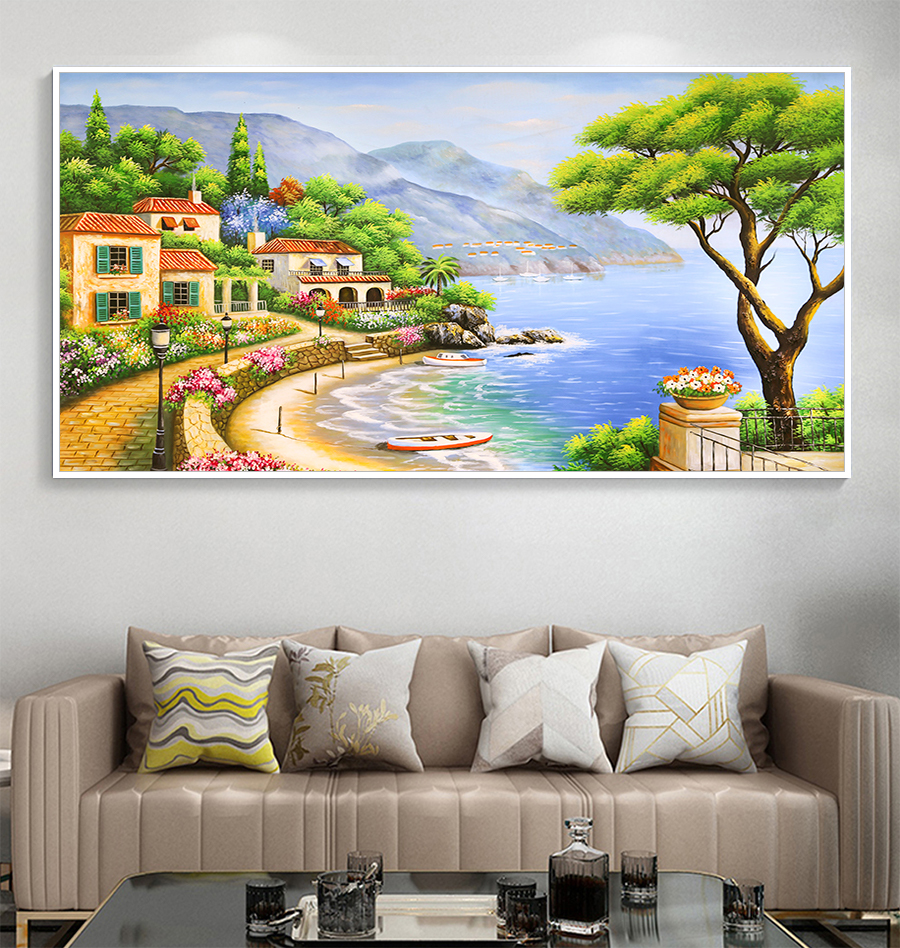 Tranh in sơn dầu VTC Ngôi làng ven biển TM-V-17 KT 77x40 cm treo tường