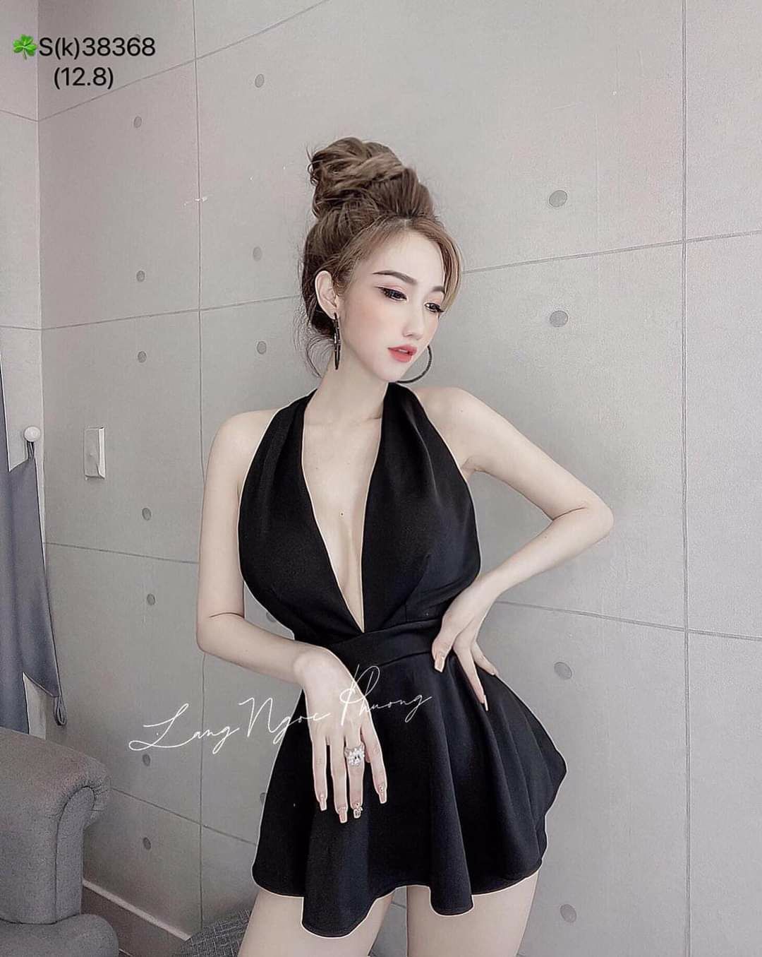 Sét áo yếm peplum xòe hở lưng đính cườm