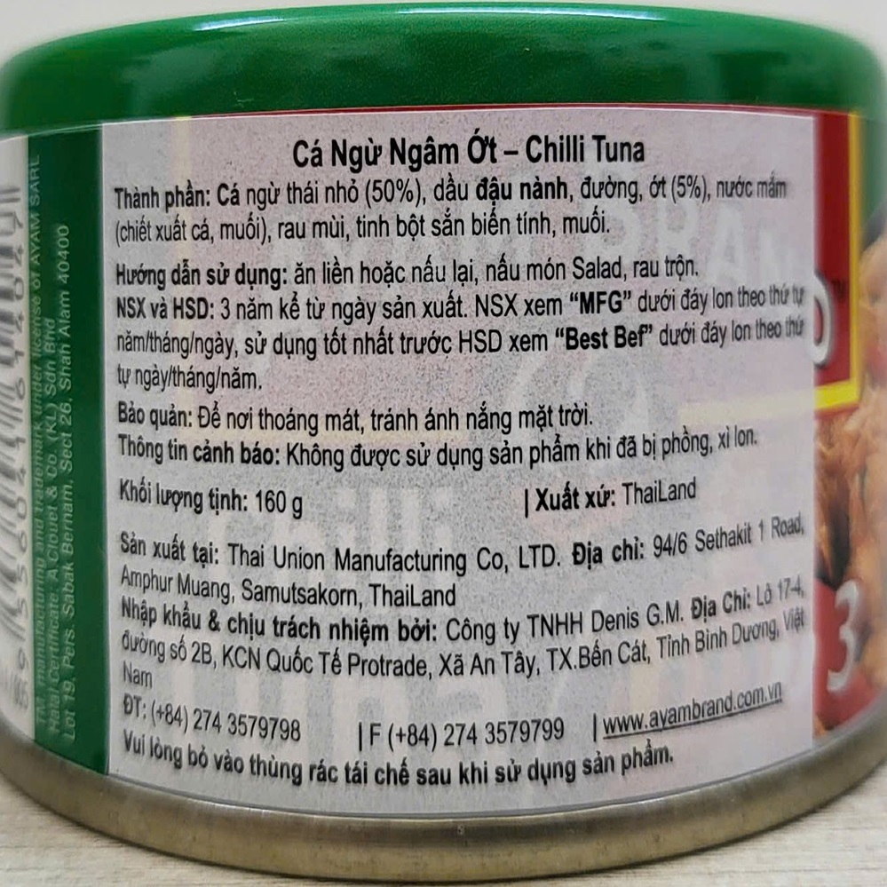 AYAM BRAND (Hộp CHILLI XANH LÁ 160g) CÁ NGỪ NGÂM ỚT Chilli Tuna (HALAL)