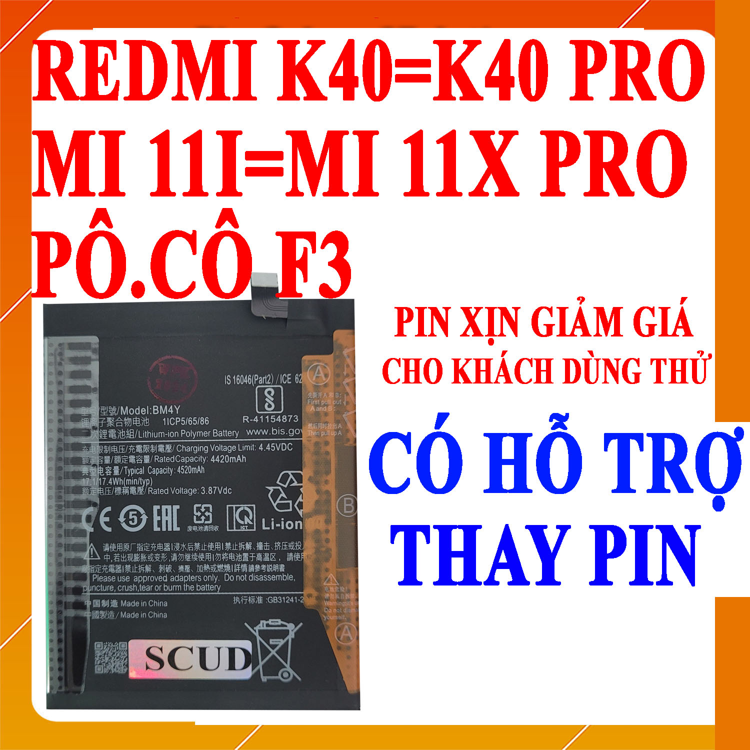 Pin Scud cho Xiaomi Redmi K40/Redmi K40 Pro/Mi 11i/Mi11i/Mi 11X Pro/Poco F3 BM4Y 4500mAh