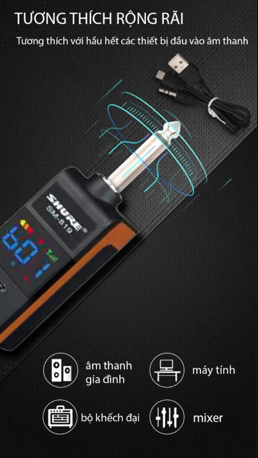 Micro Không Dây Đa Năng Shure SM-819 - Micro Karaoke Cao Cấp - Micro Karaoke bluetooth không dây - micro đa năng giá rẻ - Tích Hợp Sạc Pin Trực Tiếp Ngay Trên Micro, Âm Thanh Mượt Mà Bắt Sóng Lên Đến 25m Chuyên Dùng Cho Loa Kéo, Vang, Amply