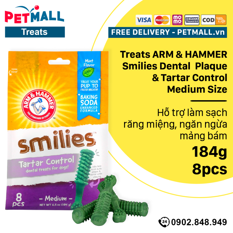 Treats ARM & HAMMER Smilies Dental Plaque & Tartar Control Medium size 184g - 8pcs - Hỗ trợ làm sạch răng miệng Petmall
