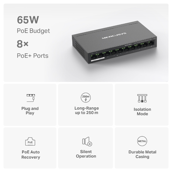Bộ Switch Chia Mạng Mercusys MS110P 10 Cổng 10/100 Mbps với 8 Cổng PoE+