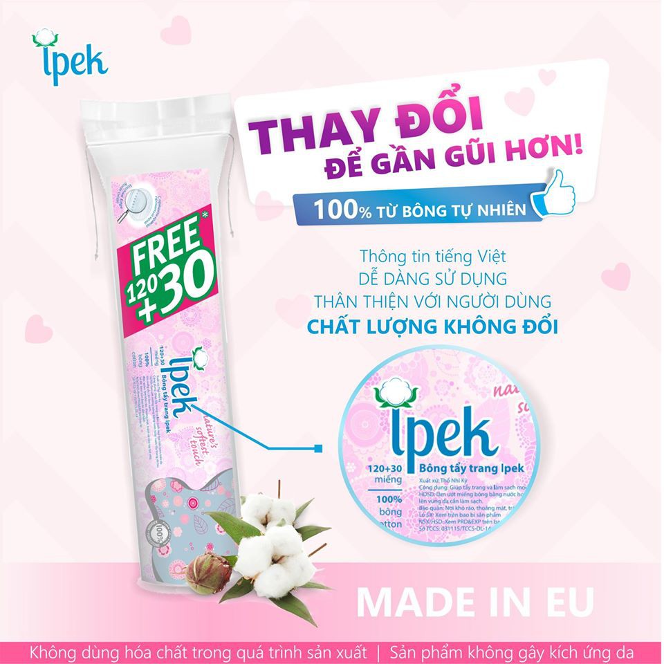 Combo 3 Bông Tẩy Trang Ipek 150 Miếng Cotton Pads