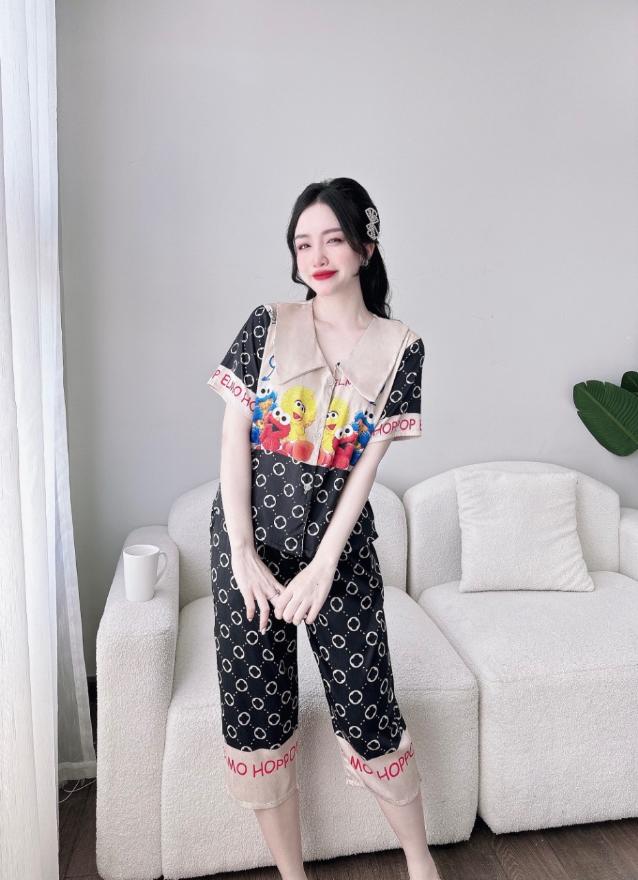Bộ lụa tơ tằm xước mềm mịn phối cổ tiểu thư dễ thương