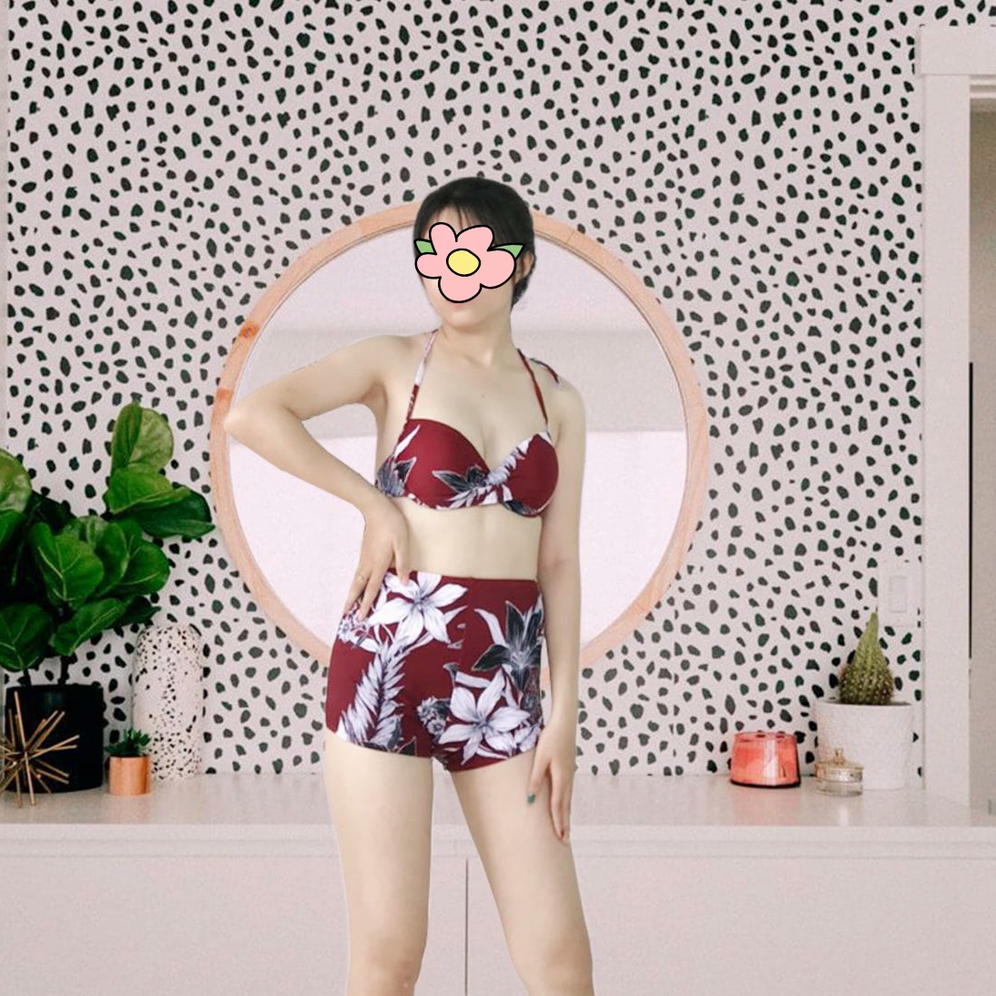Đồ bơi bikini 2 mảnh cạp cao hoạ tiết đỏ