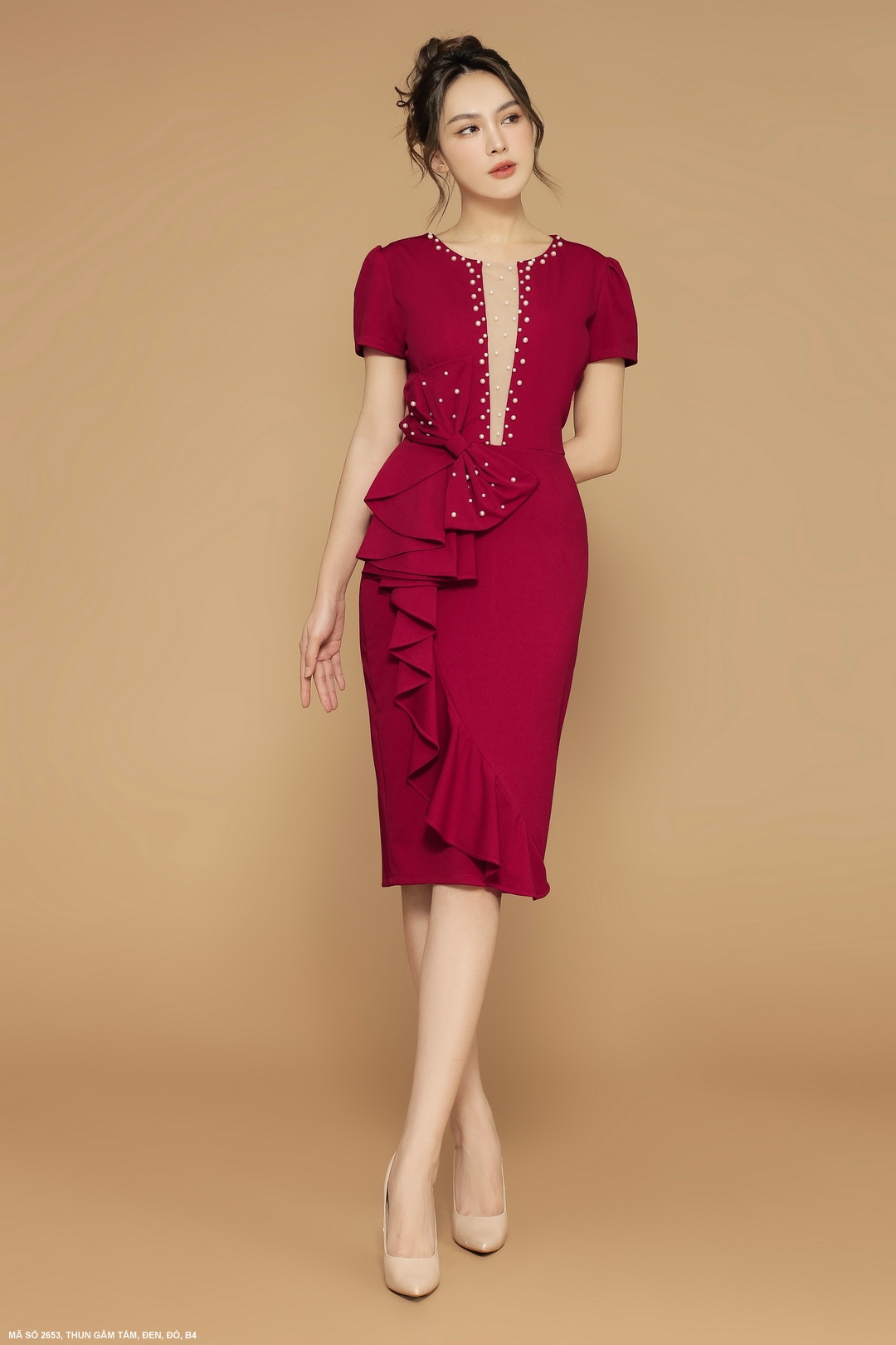 MYDU SHOP | MS 2653 – Đầm Thun Dự Tiệc Nơ Eo Kết Ngọc Thanh Lịch